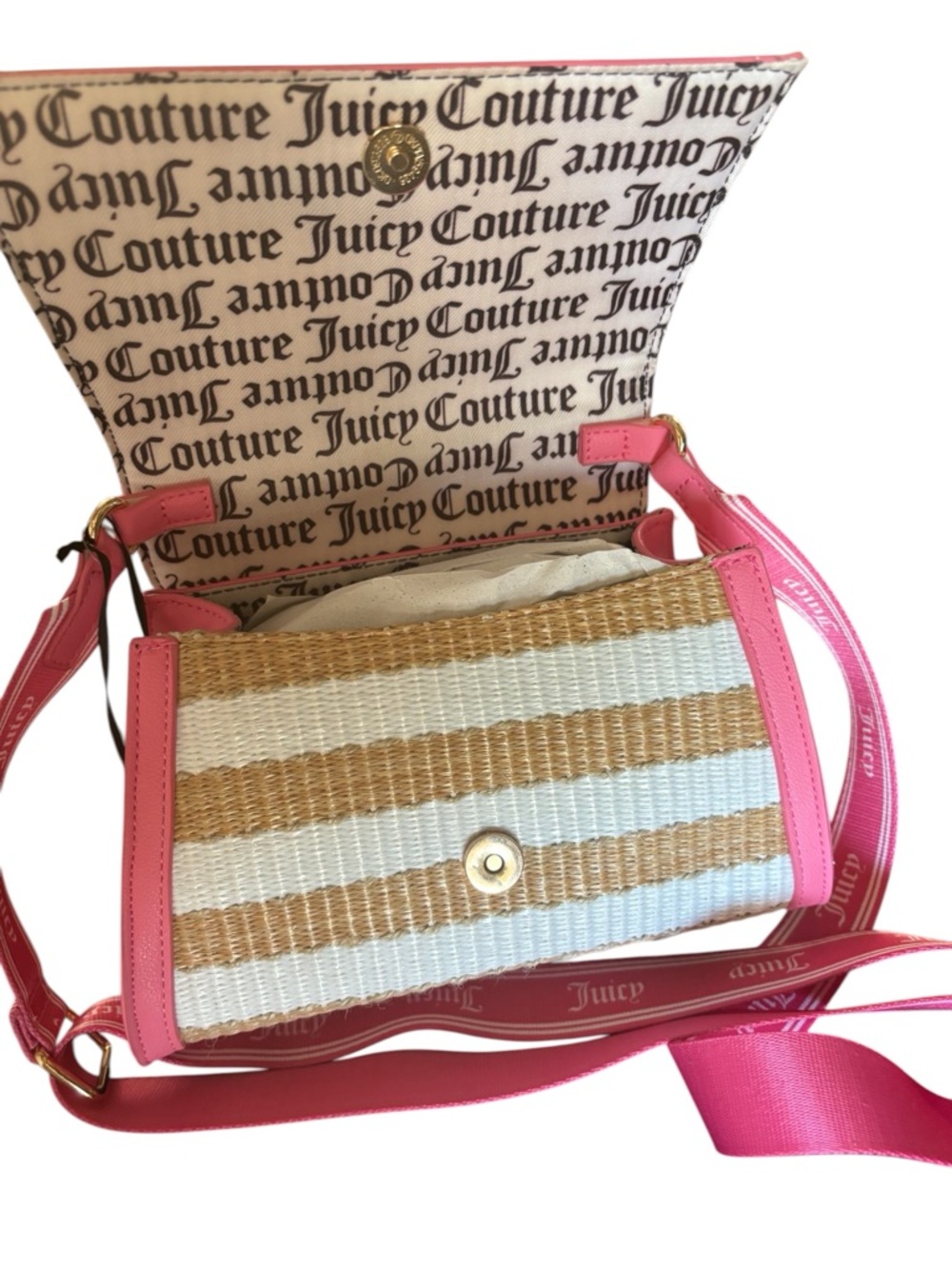 Juicy Couture Straw & Pink Crossbody Bag/Purse Adjustable Logo Strap Summer Chic - Picture 10 of 13